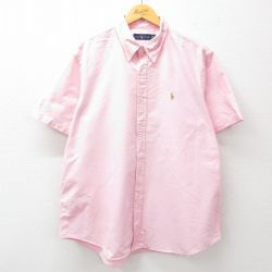 XL★古着 ラルフローレン Ralph Lauren 半袖 ブランド シャツ メンズ ワンポイントロゴ 大きいサイズ ロング丈 コットン ボタンダウン ピンク 25apr05 中古 トップス