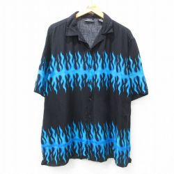 XL★古着 半袖 シャツ メンズ ファイヤーパターン レーヨン 開襟 オープンカラー 黒他 ブラック 【spe】 25apr05 中古 トップス