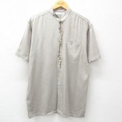 M★古着 半袖 シャツ メンズ 刺繍 レーヨン ノーカラー グレー系 25apr05 中古 トップス