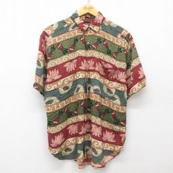 L★古着 半袖 シャツ メンズ 総柄 レーヨン 緑他 グリーン 25apr05 中古 トップス
