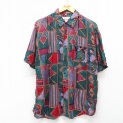 XL★古着 半袖 シャツ メンズ 90年代 90s 総柄 レーヨン 緑他 グリーン 25apr05 中古 トップス