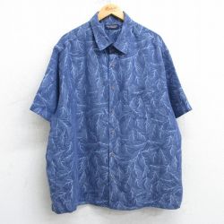 XL★古着 半袖 シャツ メンズ 葉 総柄 大きいサイズ 薄紺 ネイビー 【spe】 25apr07 中古 トップス