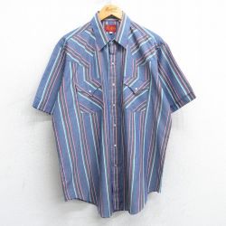 XL★古着 ELY 半袖 ウエスタン シャツ メンズ 90年代 90s 薄紺他 ネイビー ストライプ 25apr07 中古 トップス