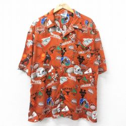 XL★古着 半袖 シャツ メンズ テキサスロングホーンズ 開襟 オープンカラー オレンジ 25apr07 中古 トップス
