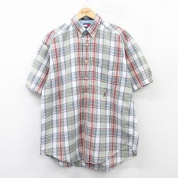 XL★古着 トミーヒルフィガー TOMMY HILFIGER 半袖 ブランド シャツ メンズ 90年代 90s ワンポイントロゴ リネン ボタンダウン 白他 ホワイト チェック 25apr07 中古 トップス