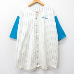 XL★古着 ウィルソン 半袖 ベースボール シャツ メンズ 90年代 90s ワンポイントロゴ 大きいサイズ ロング丈 コットン 生成り他 ストライプ 【spe】 25apr07 中古 トップス