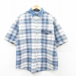 XL★古着 半袖 シャツ メンズ 90年代 90s コットン 襟デニム 紺他 ネイビー チェック 25apr09 中古 トップス