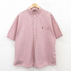 XL★古着 ラルフローレン Ralph Lauren 半袖 ブランド シャツ メンズ 90年代 90s ワンポイントロゴ MONROE 大きいサイズ コットン ボタンダウン ピンク系他 チェック 【spe】 25apr09 中古 トップス
