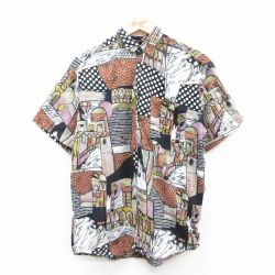 【50%OFF】M★古着 半袖 シャツ メンズ 90年代 90s コットン 黒他 ブラック 25apr10 中古 トップス