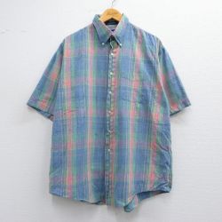 XL★古着 半袖 シャツ メンズ 90年代 90s コットン ボタンダウン 紺他 ネイビー チェック 25apr10 中古 トップス