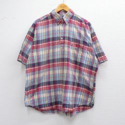 XL★古着 ラルフローレン Ralph Lauren 半袖 ブランド シャツ メンズ 90年代 90s ワンポイントロゴ PURCELL 大きいサイズ コットン ボタンダウン 紺他 ネイビー チェック 【spe】 25apr10 中古 トップス