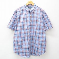 XL★古着 ラルフローレン Ralph Lauren 半袖 ブランド シャツ メンズ 90年代 90s ワンポイントロゴ 大きいサイズ コットン ボタンダウン 薄紺他 ネイビー チェック 25apr11 中古 トップス