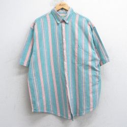 XL★古着 セントジョンズベイ 半袖 シャツ メンズ 90年代 90s ロング丈 コットン ボタンダウン 緑他 グリーン ストライプ 【spe】 25apr14 中古 トップス