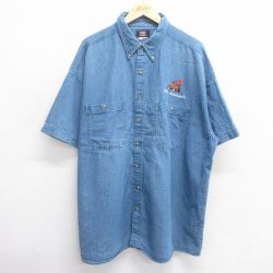 XL★古着 FADED GLORY 半袖 シャツ メンズ モータースポーツ 大きいサイズ ロング丈 ボタンダウン 紺 ネイビー デニム 25apr14 中古 トップス