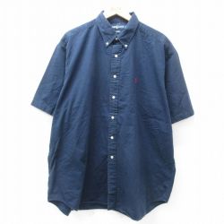 XL★古着 ラルフローレン Ralph Lauren 半袖 ブランド シャツ メンズ 90年代 90s ワンポイントロゴ BLAIRE 大きいサイズ ロング丈 コットン ボタンダウン 濃紺 ネイビー 25apr16 中古 トップス
