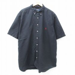 XL★古着 ラルフローレン Ralph Lauren 半袖 ブランド シャツ メンズ ワンポイントロゴ 大きいサイズ ロング丈 コットン ボタンダウン 黒 ブラック 25apr16 中古 トップス
