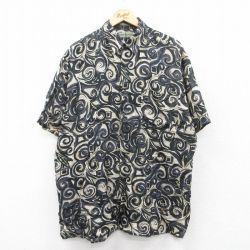 XL★古着 半袖 シャツ メンズ 90年代 90s 総柄 ロング丈 シルク 黒他 ブラック 25apr17 中古 トップス