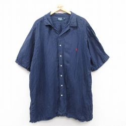 XL★古着 ラルフローレン Ralph Lauren 半袖 ブランド シャツ メンズ 90年代 90s ワンポイントロゴ ヘリンボーン 大きいサイズ ロング丈 リネン シルク 開襟 オープンカラー 紺 ネイビー 【spe】 25apr17 中古 トップス