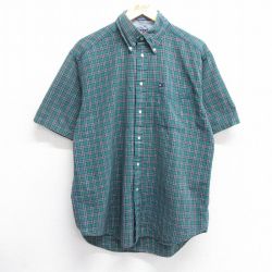 XL★古着 トミーヒルフィガー TOMMY HILFIGER 半袖 ブランド シャツ メンズ 90年代 90s ワンポイントロゴ コットン ボタンダウン 緑他 グリーン チェック 25apr18 中古 トップス