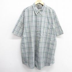 XL★古着 半袖 シャツ メンズ 90年代 90s 大きいサイズ ロング丈 ボタンダウン 緑他 グリーン チェック 25apr18 中古 トップス