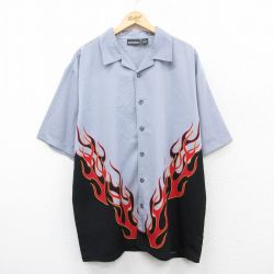 XL★古着 半袖 シャツ メンズ トライバル柄 大きいサイズ ロング丈 開襟 オープンカラー 黒他 ブラック 【spe】 25apr18 中古 トップス