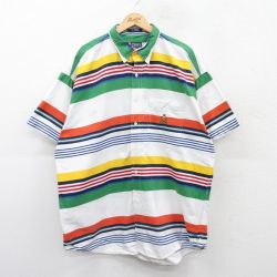 XL★古着 ラルフローレン Ralph Lauren チャップス 半袖 ブランド シャツ メンズ 90年代 90s ワンポイントロゴ 大きいサイズ ロング丈 コットン ボタンダウン 白他 ホワイト ボーダー 【spe】 25apr18 中古 トップス