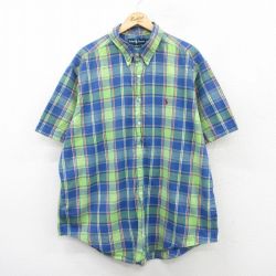 XL★古着 ラルフローレン Ralph Lauren 半袖 ブランド シャツ メンズ 90年代 90s ワンポイントロゴ 大きいサイズ ロング丈 コットン ボタンダウン 紺他 ネイビー チェック 25apr18 中古 トップス