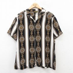 L★古着 半袖 シャツ メンズ レーヨン 開襟 オープンカラー 黒他 ブラック 25apr18 中古 トップス