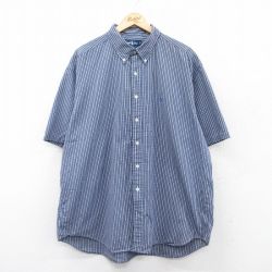 XL★古着 ラルフローレン Ralph Lauren 半袖 ブランド シャツ メンズ 90年代 90s ワンポイントロゴ BLAKE 大きいサイズ ロング丈 コットン ボタンダウン 紺他 ネイビー チェック 25apr19 中古 トップス