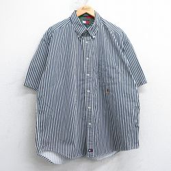 XL★古着 トミーヒルフィガー TOMMY HILFIGER 半袖 ブランド シャツ メンズ 90年代 90s ワンポイントロゴ 大きいサイズ ロング丈 コットン ボタンダウン 紺他 ネイビー ストライプ 25apr19 中古 トップス