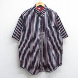 XL★古着 トミーヒルフィガー TOMMY HILFIGER 半袖 ブランド シャツ メンズ 90年代 90s ワンポイントロゴ ロング丈 コットン ボタンダウン 紺他 ネイビー ストライプ 【spe】 25apr19 中古 トップス