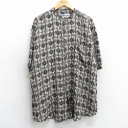 XL★古着 半袖 シャツ メンズ 00年代 00s 総柄 大きいサイズ ロング丈 レーヨン ノーカラー 黒他 ブラック 【spe】 25apr19 中古 トップス