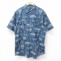 XL★古着 ベーシックエディションズ 半袖 シャツ メンズ ヨット 大きいサイズ ロング丈 コットン 紺他 ネイビー 25apr19 中古 トップス