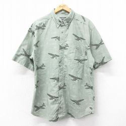 XL★古着 ウールリッチ WOOLRICH 半袖 シャツ メンズ 飛行機 大きいサイズ コットン ボタンダウン 緑系 グリーン 25apr19 中古 トップス
