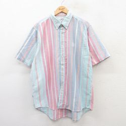 XL★古着 ラルフローレン Ralph Lauren チャップス 半袖 ブランド シャツ メンズ 90年代 90s ワンポイントロゴ オックスフォード 大きいサイズ コットン ボタンダウン USA製 薄紺他 ネイビー ストライプ 25apr19 中古 トップス