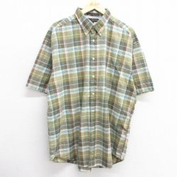 XL★古着 トミーヒルフィガー TOMMY HILFIGER 半袖 ブランド シャツ メンズ 90年代 90s 大きいサイズ ロング丈 コットン ボタンダウン 緑他 グリーン チェック 25apr21 中古 トップス