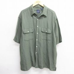 XL★古着 ギャップ GAP 半袖 シャツ メンズ 90年代 90s ロング丈 リネン レーヨン 開襟 オープンカラー 濃緑 グリーン 【spe】 25apr21 中古 トップス