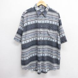 【50%OFF】XL★古着 半袖 シャツ メンズ 総柄 大きいサイズ ロング丈 レーヨン 紺他 ネイビー 【spe】 25apr21 中古 トップス
