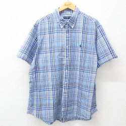 XL★古着 ラルフローレン Ralph Lauren 半袖 ブランド シャツ メンズ ワンポイントロゴ シアサッカー 大きいサイズ ロング丈 コットン ボタンダウン 紺他 ネイビー チェック 25apr21 中古 トップス