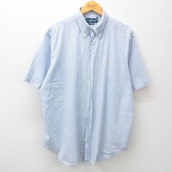 XL★古着 ラルフローレン Ralph Lauren 半袖 ブランド シャツ メンズ 90年代 90s ワンポイントロゴ 大きいサイズ ロング丈 コットン ボタンダウン 薄紺他 ネイビー ストライプ 25apr21 中古 トップス