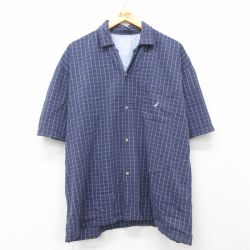 XL★古着 ノーティカ NAUTICA 半袖 ブランド シャツ メンズ ワンポイントロゴ 開襟 オープンカラー 紺他 ネイビー チェック 25apr21 中古 トップス