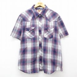 XL★古着 半袖 ウエスタン シャツ メンズ 90年代 90s 大きいサイズ 紫他 パープル チェック 25apr21 中古 トップス