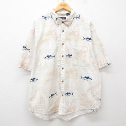 XL★古着 ピューリタン 半袖 シャツ メンズ 00年代 00s 地図 魚 大きいサイズ コットン ボタンダウン 白系他 ホワイト 25apr21 中古 トップス