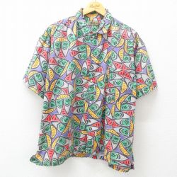 XL★古着 半袖 シャツ メンズ 90年代 90s 総柄 大きいサイズ コットン 紫他 パープル 25apr21 中古 トップス