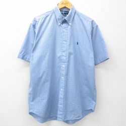 XL★古着 ラルフローレン Ralph Lauren 半袖 ブランド シャツ メンズ 90年代 90s ワンポイントロゴ BLAKE コットン ボタンダウン 薄紺他 ネイビー チェック 25apr21 中古 トップス