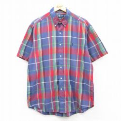 XL★古着 ラルフローレン Ralph Lauren 半袖 ブランド シャツ メンズ 90年代 90s ワンポイントロゴ BLAKE ロング丈 コットン ボタンダウン 紺他 ネイビー チェック 25apr23 中古 トップス