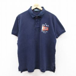L★古着 ラルフローレン Ralph Lauren 半袖 ブランド ラガー シャツ メンズ 90年代 90s 旗 P32 鹿の子 コットン 紺 ネイビー 【spe】 25apr23 中古 トップス
