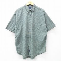 XL★古着 バンヒューセン 半袖 シャツ メンズ 90年代 90s ロング丈 コットン ボタンダウン 緑他 グリーン チェック 25apr23 中古 トップス