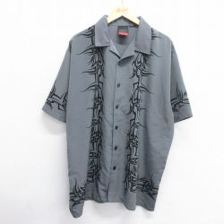XL★古着 半袖 シャツ メンズ 00年代 00s トライバル柄 大きいサイズ ロング丈 開襟 オープンカラー グレー 25apr23 中古 トップス