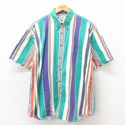 XL★古着 セントジョンズベイ 半袖 シャツ メンズ 90年代 90s 大きいサイズ コットン ボタンダウン 緑他 グリーン ストライプ 【spe】 25apr25 中古 トップス